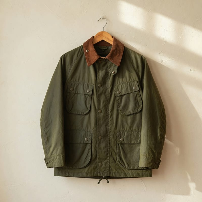 An olive waxed field jacket with a brown corduroy collar on a wooden hanger